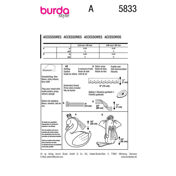 Pattern, Burda, 5833, Stuffed Animals, Swan, Elephant