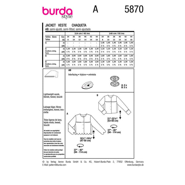 Pattern, Burda, 5870, Jacket Scalloped Edge Option