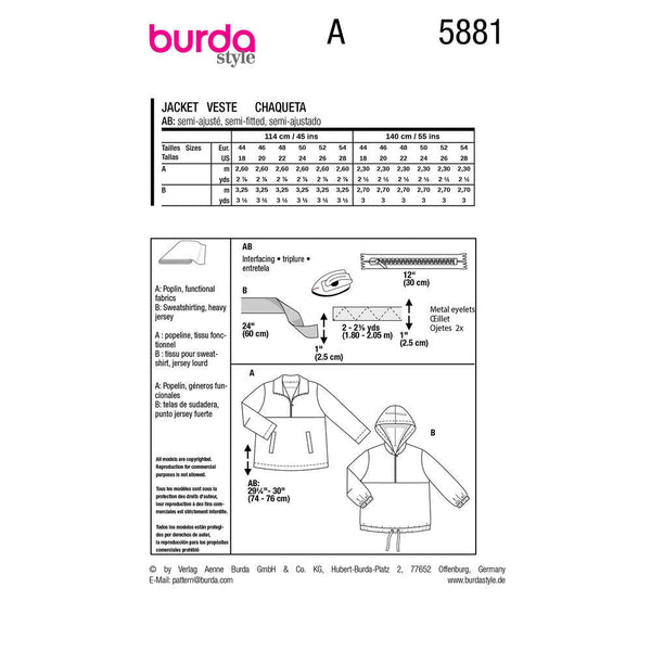 Pattern, Burda, 5881, Hooded Jacket