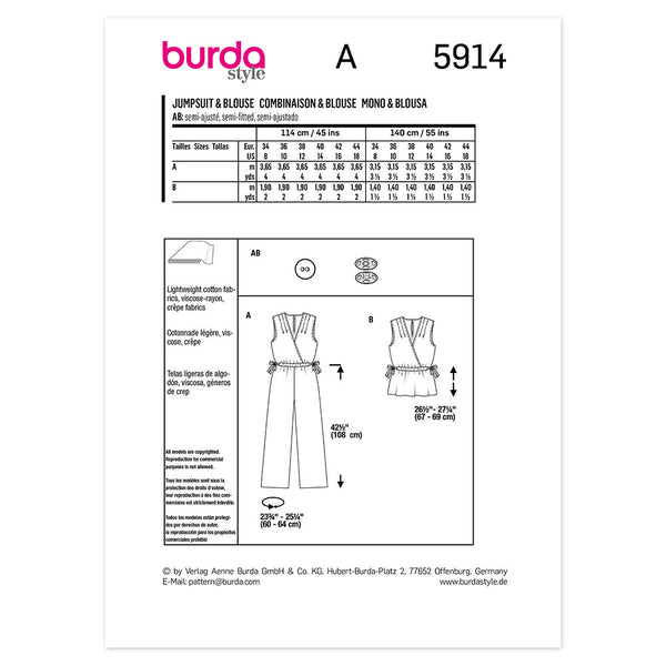 Pattern, Burda, 5914, Sleeveless Jumpsuit and Blouse with Elastic Waist