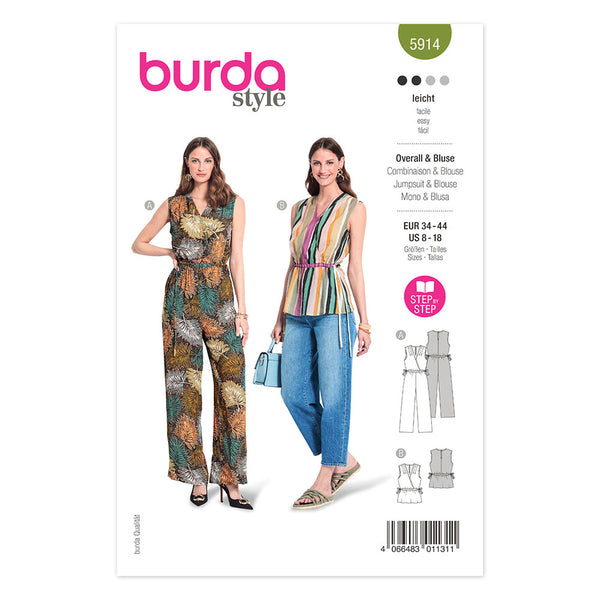 Pattern, Burda, 5914, Sleeveless Jumpsuit and Blouse with Elastic Waist