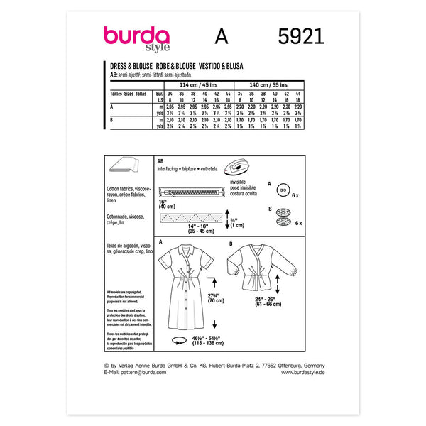 Pattern, Burda, 5921, Semi-fitted Shirt Dress and Shirt