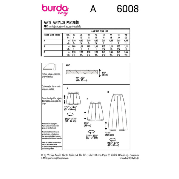 Pattern, Burda, 6008, Trousers, Pants
