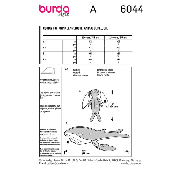 Pattern, Burda, 6044, Stuffed Animals - Bunny and Whale