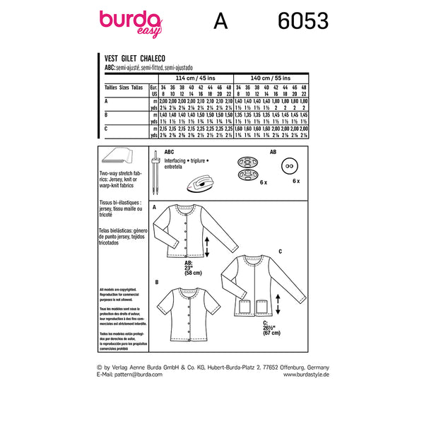 Pattern, Burda, 6053, Knit Cardigan with Rounded Neckline