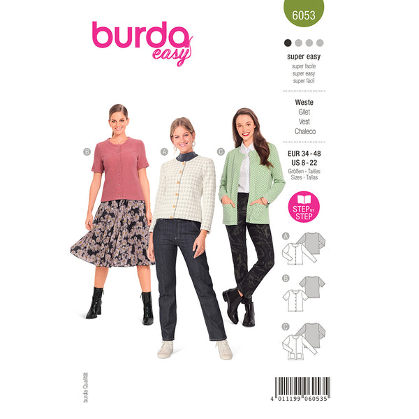 Pattern, Burda, 6053, Knit Cardigan with Rounded Neckline
