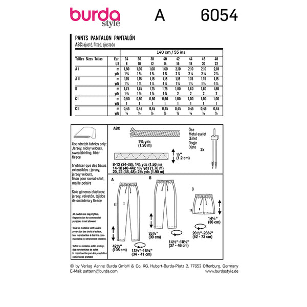 Pattern, Burda, 6054, Jogging Pants in Three Lengths with Side Stripes