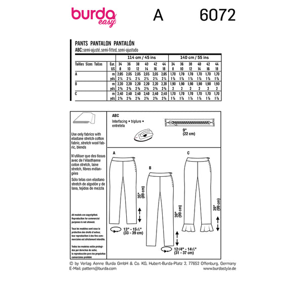 Pattern, Burda, 6072, Trousers/Pants in a Narrow Cut with a Side Zipper
