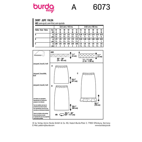Pattern, Burda, 6073,  Skirt in Three Lengths with Elastic, Slim Shape