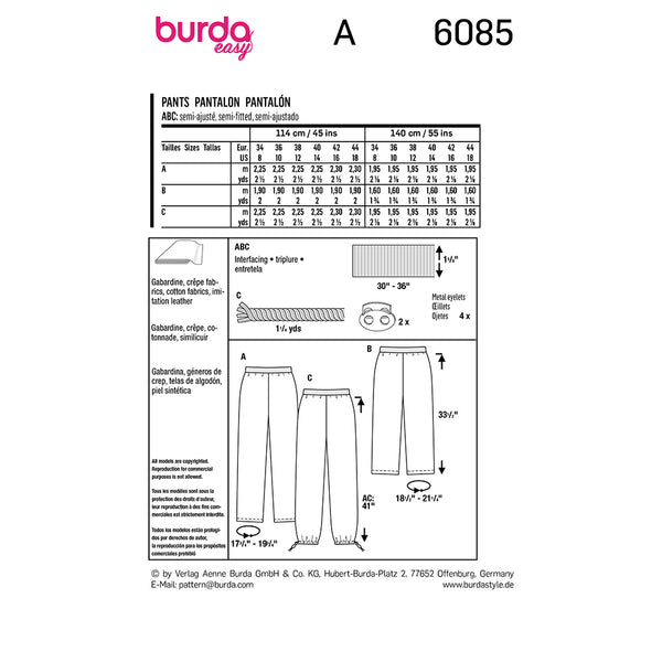 Pattern, Burda, 6085, Straight Leg Pants/Trousers with Stretch Waistband