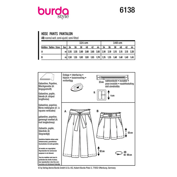 Pattern, Burda, 6138, Culottes, Trousers/Pants