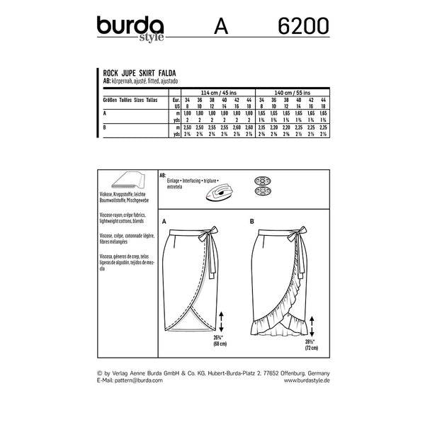 Pattern, Burda, 6200, Wrap Skirt with Waistband and Tie Bands