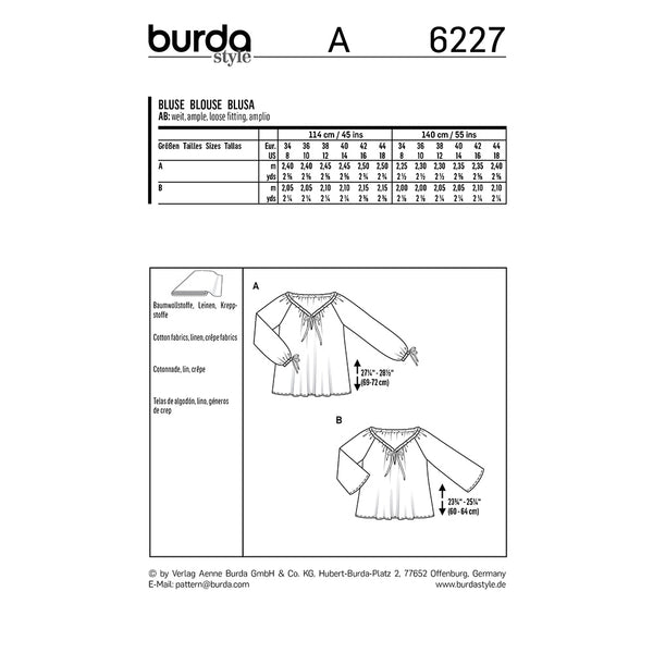 Pattern, Burda, 6227, Carmen Blouse avec Drawstring Neckline