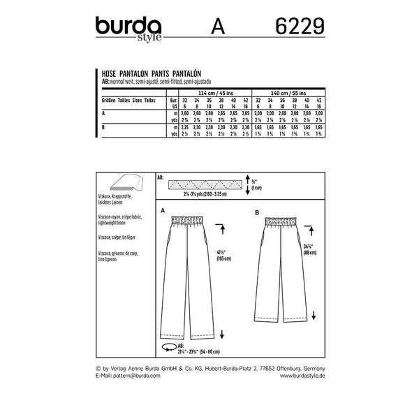 Pattern, Burda, 6229, Trousers/Pants with Elastic Waist