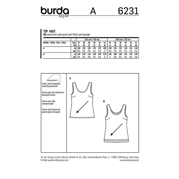 Pattern, Burda, 6231, Top with Rounded Neckline