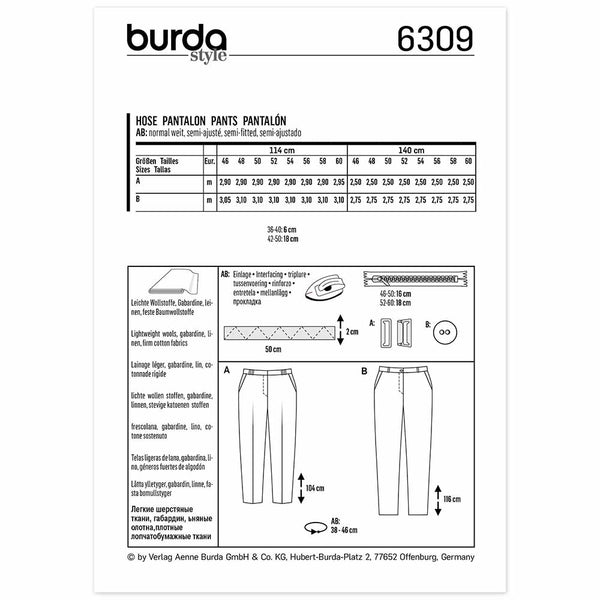 Pattern, Burda, 6309, Basic Pants/Trousers with Back Elastic Casing - Cone Shape