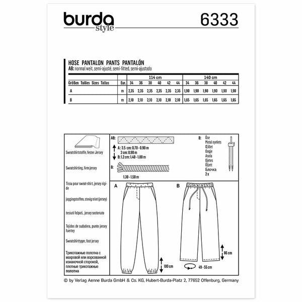Pattern, Burda, 6333, Jogging Pants with Elastic and Drawstring Waist - Pockets