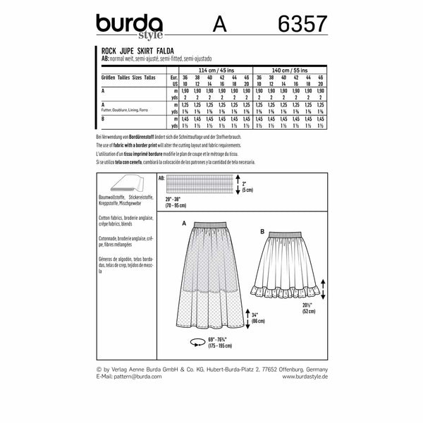 Pattern, Burda, 6357, Gathered Skirt with Elastic Waistband