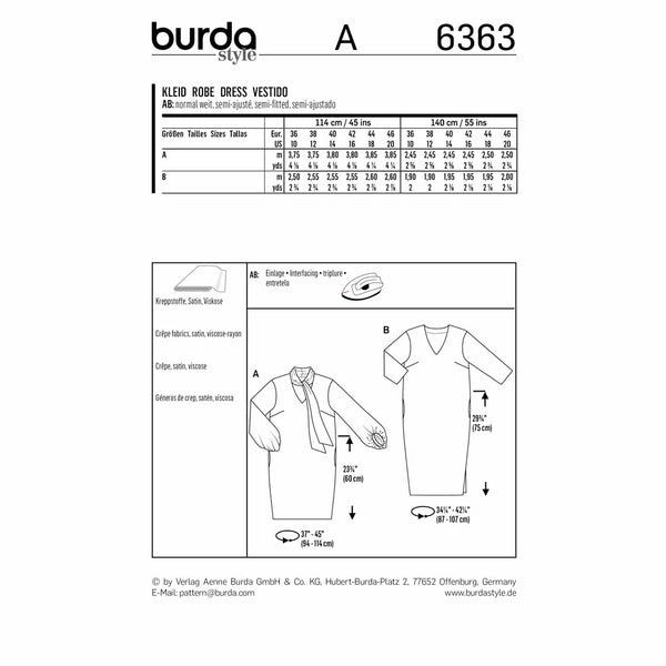 Pattern, Burda, 6363, Boule (Balloon) Dress with Tie Collar - Interesting Sleeve Variation