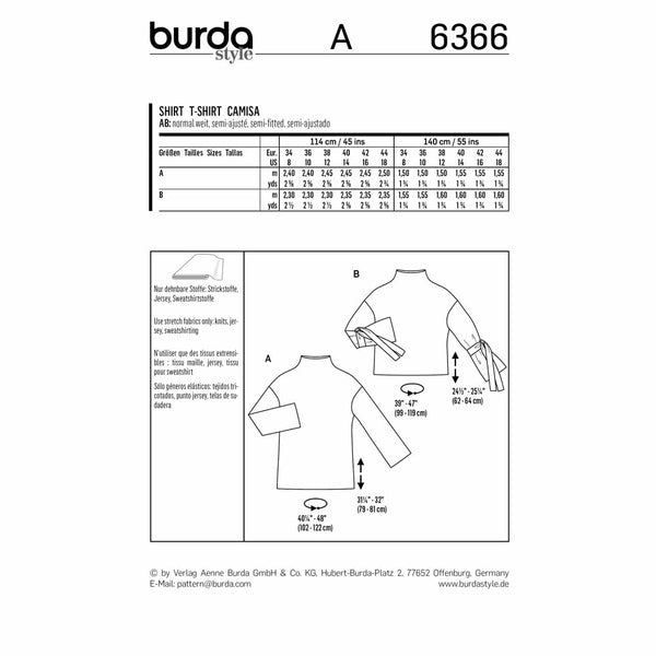 Pattern, Burda, 6366, Pullover Top, Integral Stand Collar- Sleeves with Tie Bands
