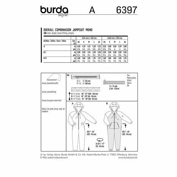 Pattern, Burda, 6397, Hooded Jumpsuit Unisex Onesie