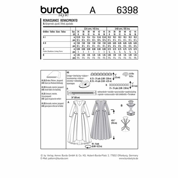 Pattern, Burda, 6398, Renaissance - Long, Festive Dress with a Full Skirt