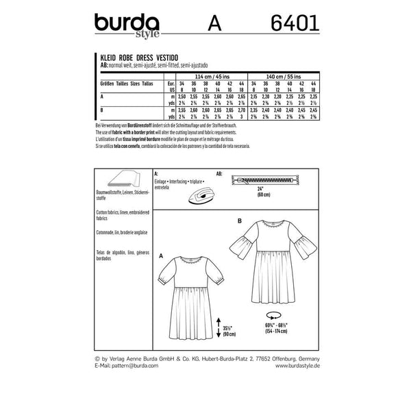 Pattern, Burda, 6401, Youthful Dress - Gathered Skirt - Wide Sleeves