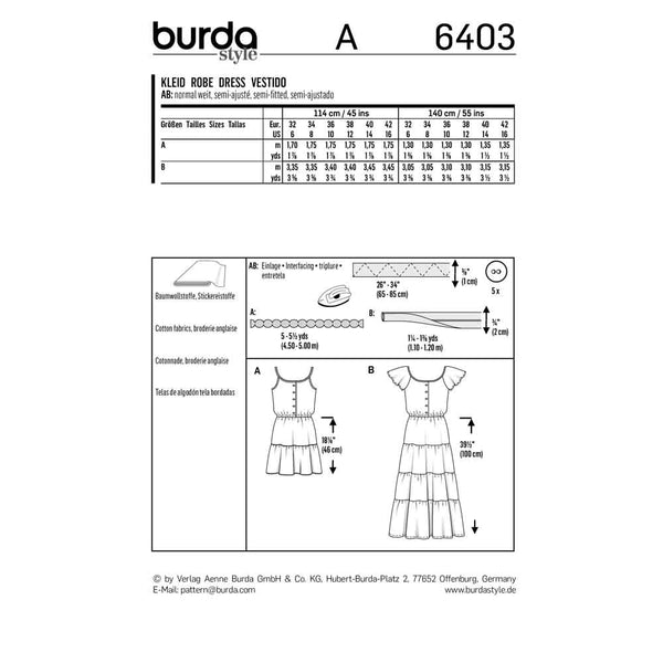 Pattern, Burda, 6403, Tiered Dress - Buttoned Top - Elastic Casing at the Waist