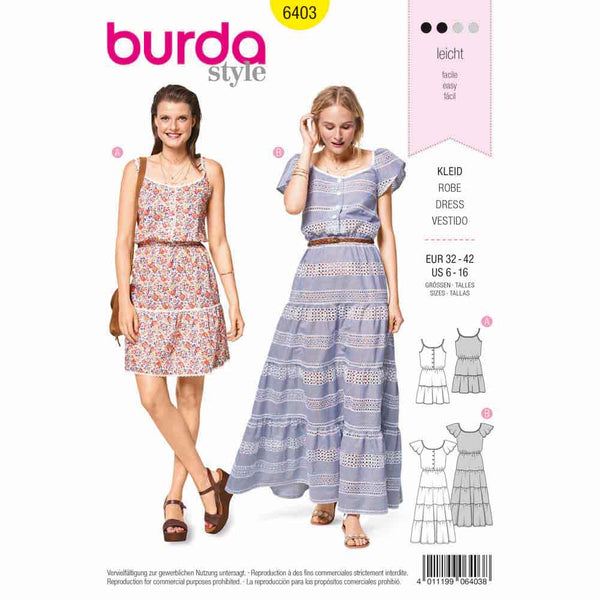 Pattern, Burda, 6403, Tiered Dress - Buttoned Top - Elastic Casing at the Waist