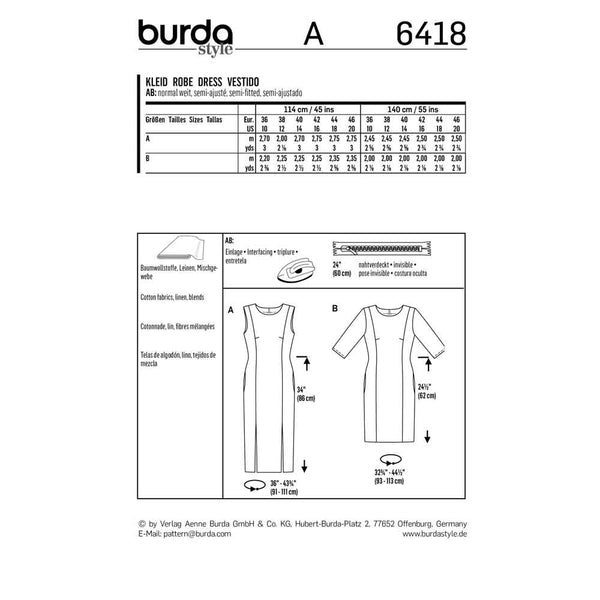 Pattern, Burda, 6418, Shift dress - Round Neckline - Panel Seams