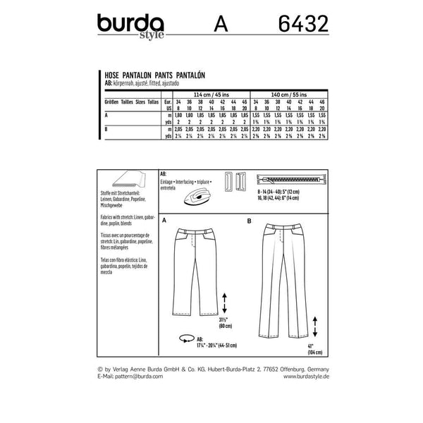 Pattern, Burda, 6432, Ladies Trousers/Pants - 7/8-Length - Flared Leg
