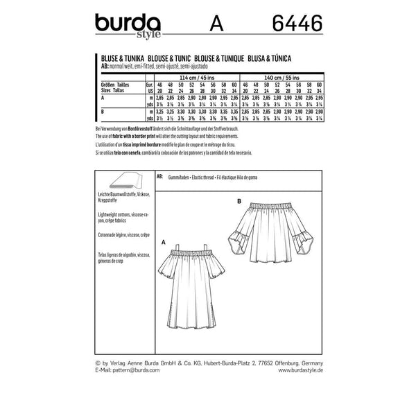 Pattern, Burda, 6446, Blouse, Tunic Top - Shirred Neckline, Sleeve Frills