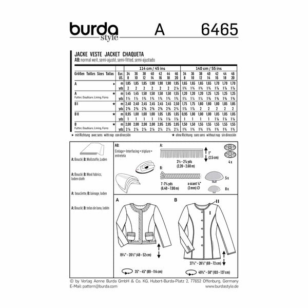 Pattern, Burda, 6465, Collarless Jacket