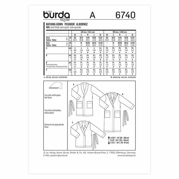 Pattern, Burda, 6740, Hooded Robe Unisex