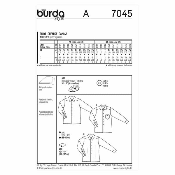Pattern, Burda, 7045, Shirts, Menswear