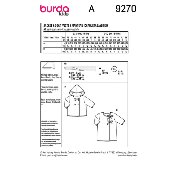 Pattern, Burda, 9270, Jackets, Baby/Toddler