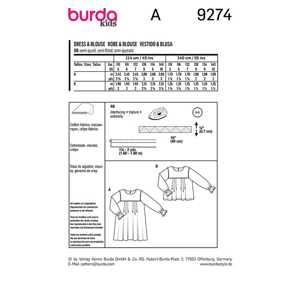 Pattern, Burda, 9274, Dress/top, Kids