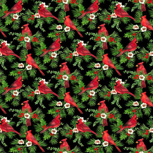 Fabric, Cardinal Christmas, Black Multi Cardinals 25481-99