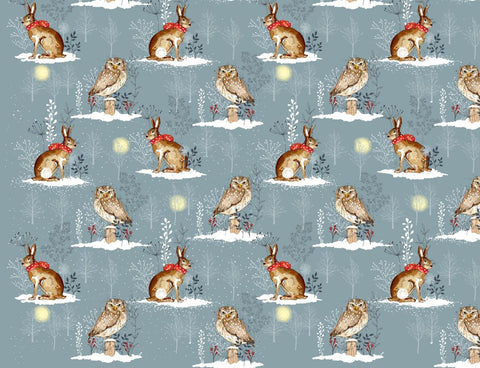 Fabric, Winter Moon,  Owl and Hare Grey 80970 Col 1