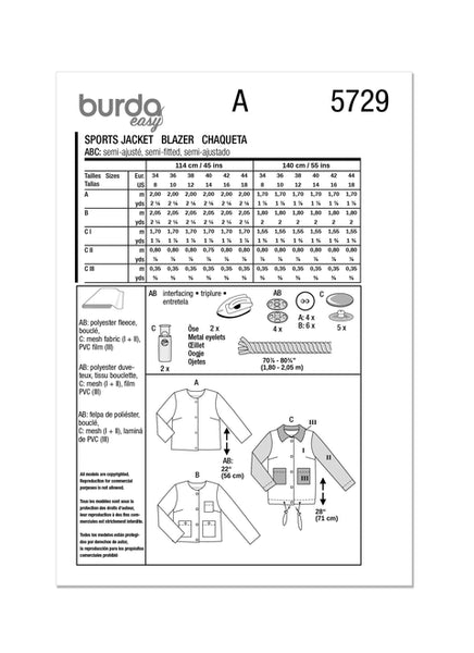 Pattern, Burda, 5729, Misses' Blazer & Jacket