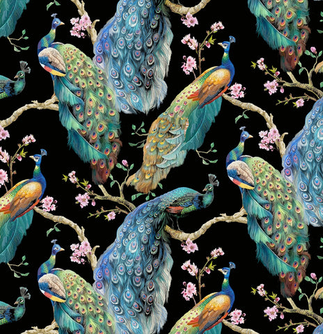 Fabric, Flourish, Black Elegant Peacocks on Branches, CD2580-Black