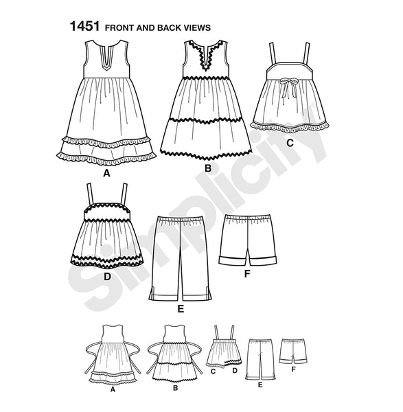 Pattern, SIMPLICITY 1451 Toddlers' Dresses, Top, Cropped Pants and Shorts