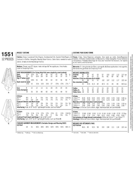 Pattern, SIMPLICITY 1551 Misses' Costumes