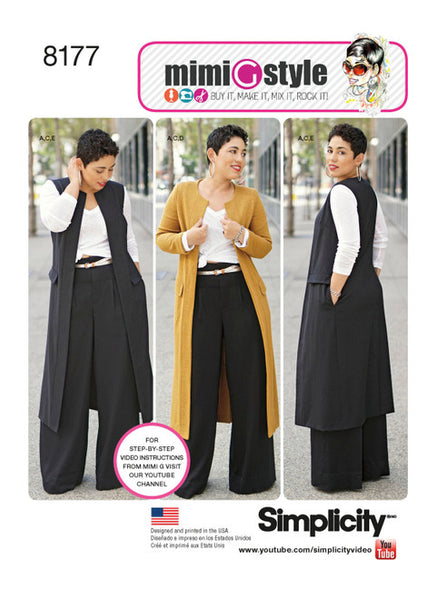 Pattern, SIMPLICITY 8177  Mimi G Style Pants, Coat or Vest, and Knit Top for Miss and Plus Sizes