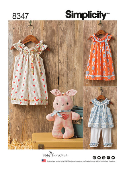 Pattern, SIMPLICITY 8347 Toddlers' Dress, Top, Knit Capris, and Stuffed Bunny