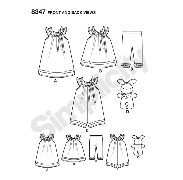 Pattern, SIMPLICITY 8347 Toddlers' Dress, Top, Knit Capris, and Stuffed Bunny