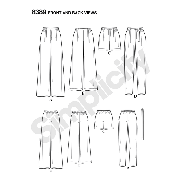 Pattern, SIMPLICITY 8389 Misses' Pants with Length and Width Variations and Tie Belt