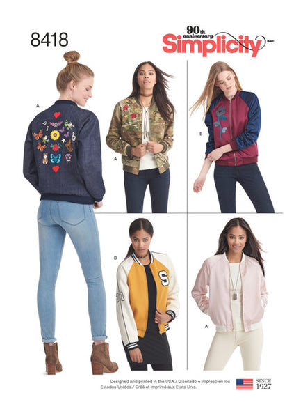 Pattern, SIMPLICITY 8418 Misses' Lined Bomber Jacket with Fabric and Trim Variations