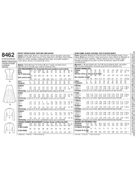 Pattern, SIMPLICITY 8462 Misses' Vintage Blouse, Skirt and Lined Bolero