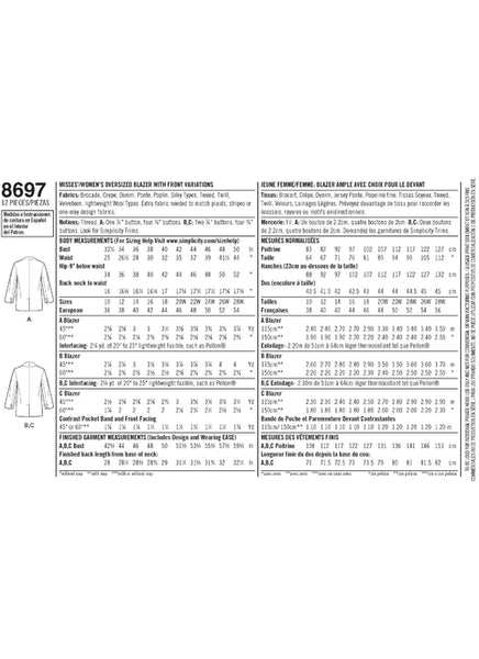 Pattern, SIMPLICITY 8697 Misses'/Women's Oversized Blazers